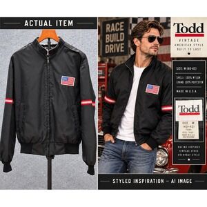 Todd Racing Bomber Jacket Mens M Black USA Flag Patch Nylon Made USA Excellent